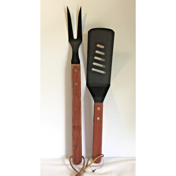 Heavy Duty BBQ Stainless Steel Spatula & Fork Grill Tools Wooden Handles Strong - Picture 1 of 3